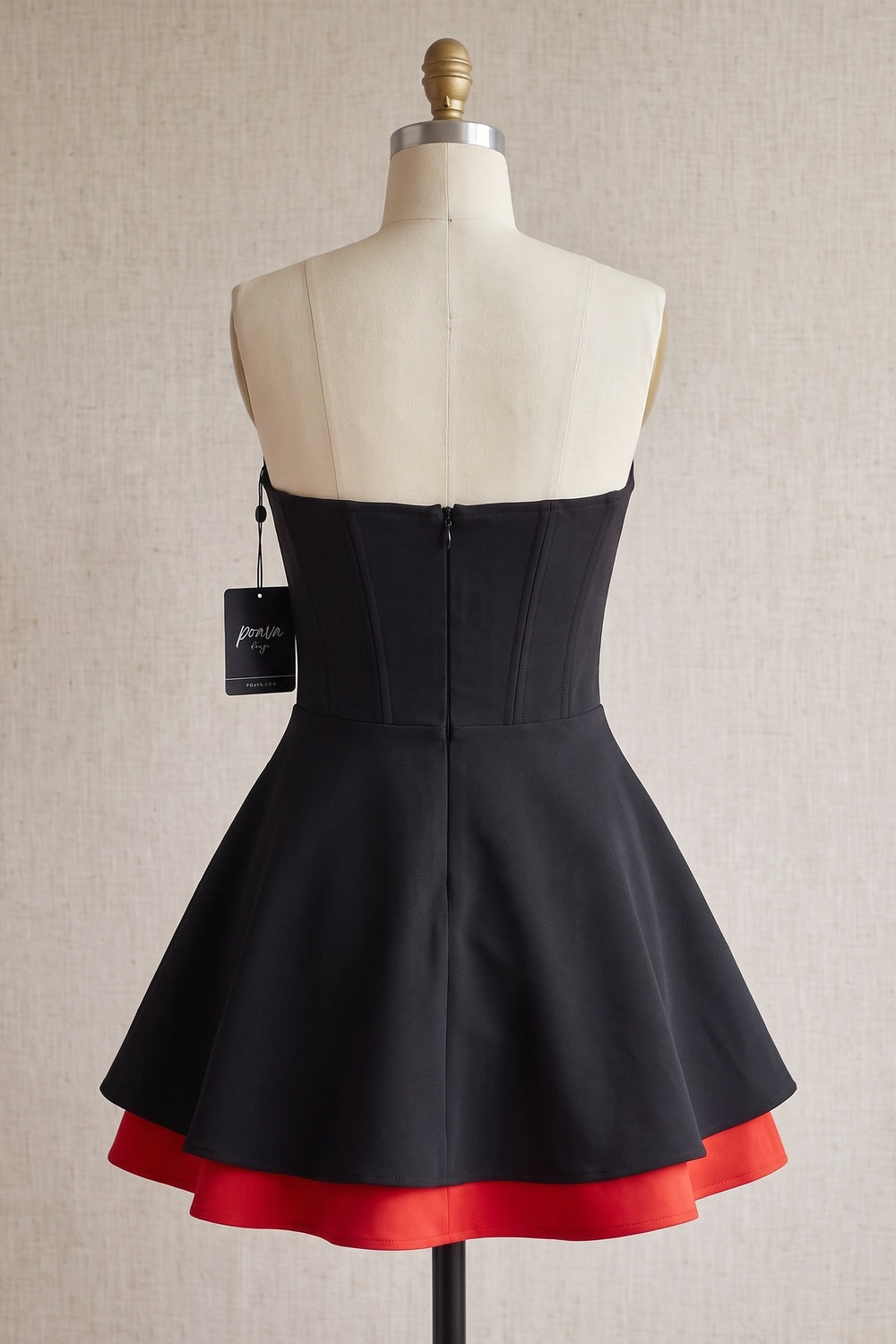 Black Structured Corset Mini Dress with 3D Red Satin Roses black structured matte woven fabric strapless mini dress - product view 4