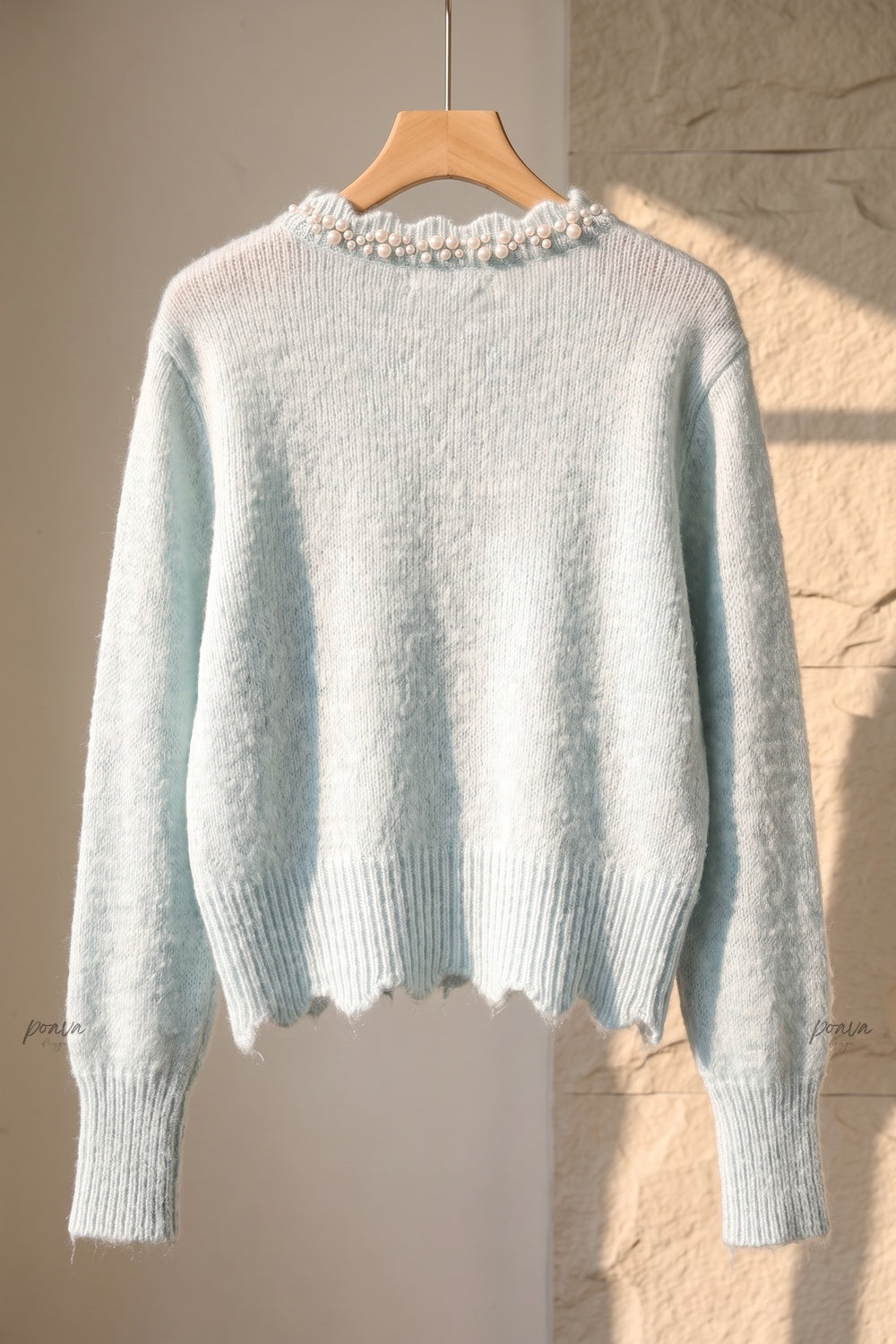Light Blue Fuzzy Mohair-Blend Cropped Cardigan light blue fuzzy mohair-blend knit cardigan - product view 4