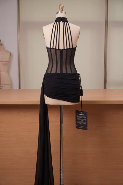 Black Sheer Mesh and Stretch Jersey Bodycon Mini Dress with Asymmetrical Side Train black sheer mesh and stretch jersey mini dress - product view 4