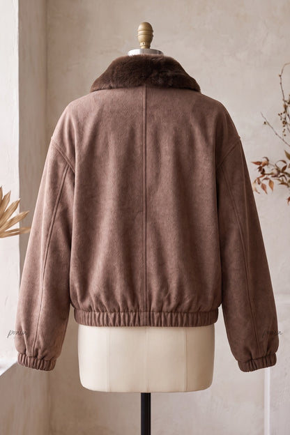Medium Brown Boxy Bomber Jacket with Faux Fur Collar medium brown brushed woven fabric bomber jacket - product view 4