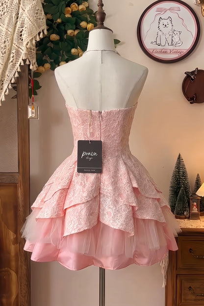 Light Pink Floral Lace Fit-and-Flare Mini Dress with Crystal Embellishments light pink floral lace dress - product view 4