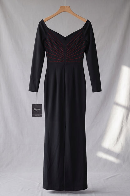 Black Heavy Stretch Crepe Column Gown with Rhinestone Heart Embellishment black heavy stretch crepe gown - product view 4