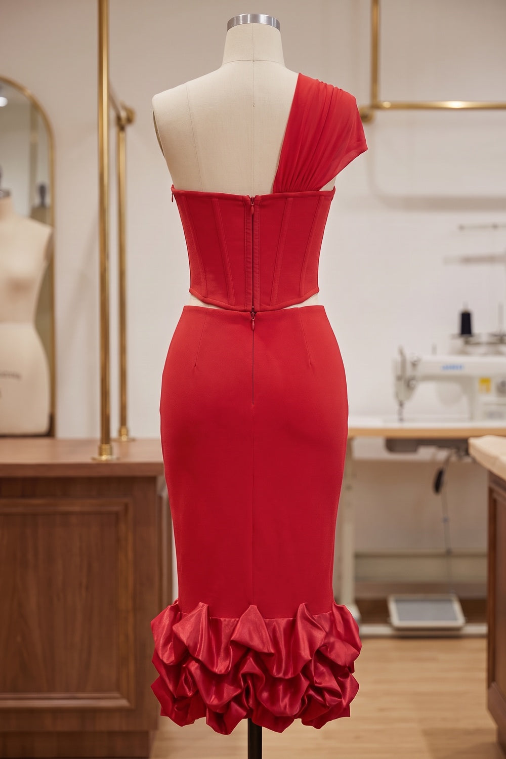 Red Heavy Stretch Crepe Two-Piece Set with Asymmetrical One-Shoulder Corset Top and Ruffled Midi Skirt Red Heavy stretch crepe Two-piece set (corset top and midi skirt) - product view 4