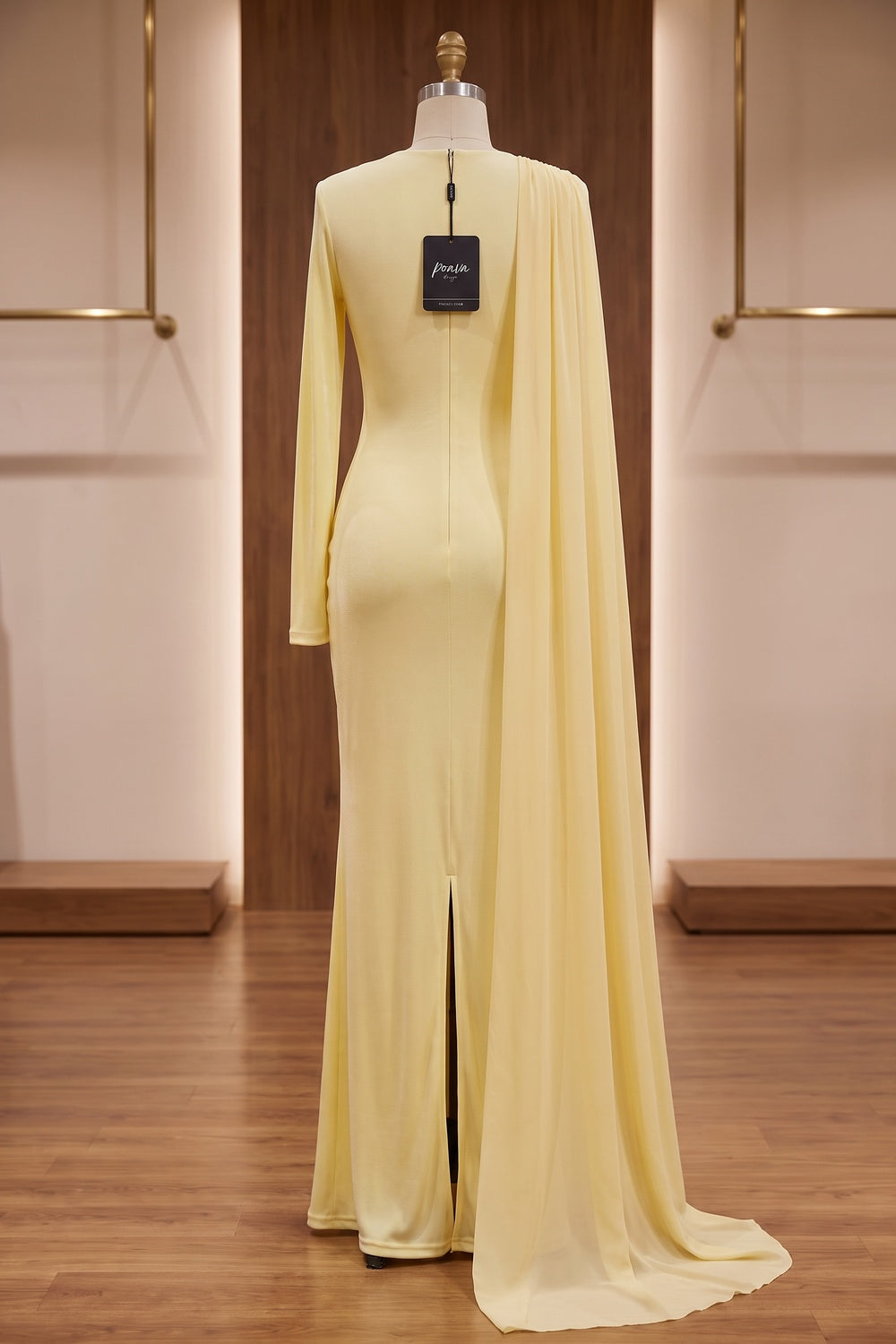 Pale Yellow Fine Stretch Knit Column Evening Gown with Asymmetric Draped Cape pale yellow fine stretch knit evening gown - product view 4