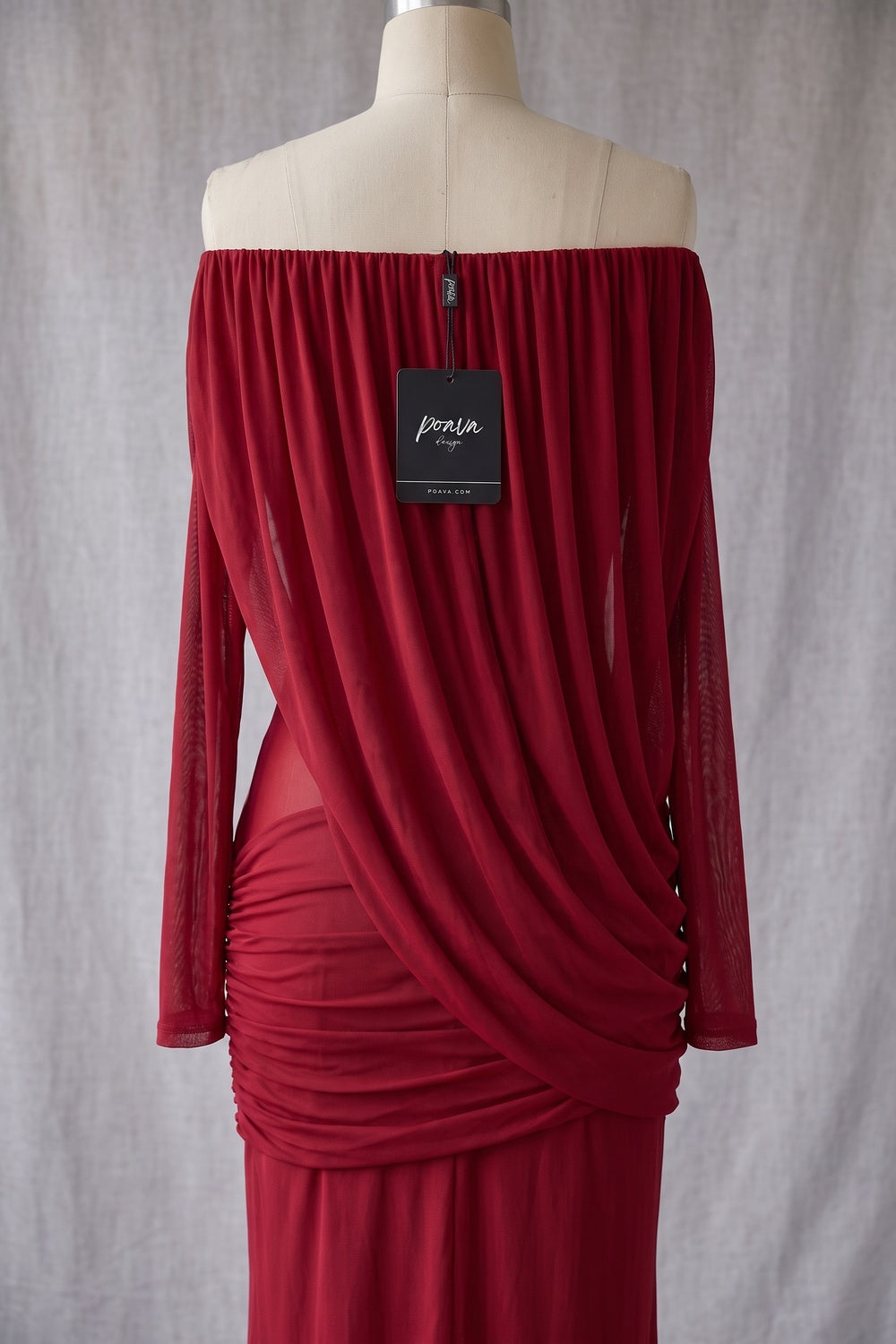 Deep Red Lightweight Stretch Mesh Column with Draped Overlay Dress deep red lightweight stretch mesh dress - product view 4