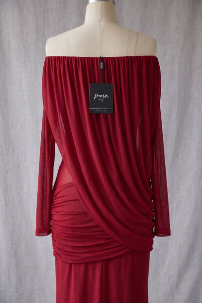 Deep Red Lightweight Stretch Mesh Column with Draped Overlay Dress deep red lightweight stretch mesh dress - product view 4
