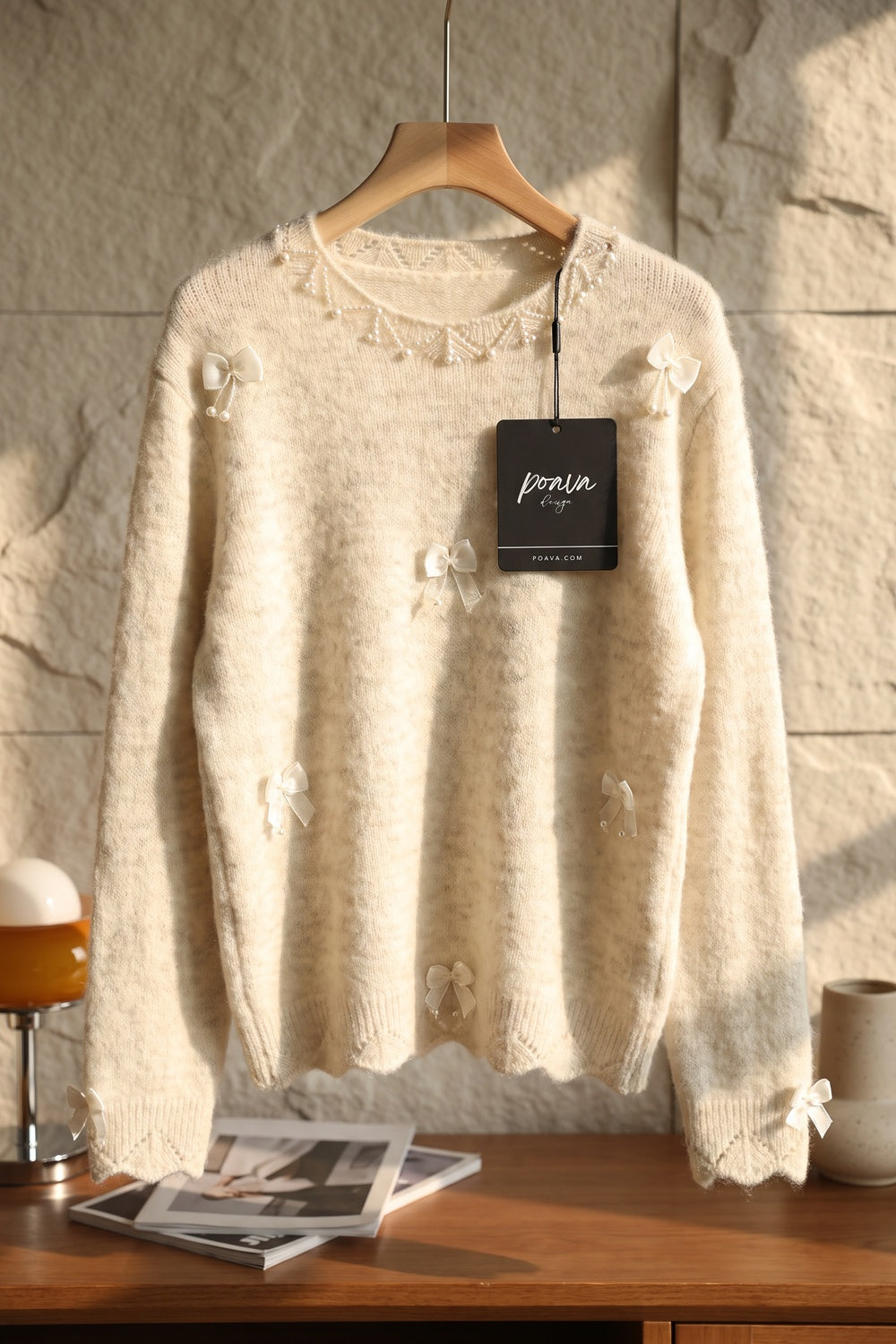 Cream Mohair-Blend Knit Sweater with Pearl and Ribbon Details cream, off-white mohair-blend knit sweater - product view 2