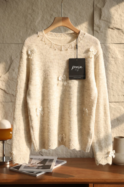 Cream Mohair-Blend Knit Sweater with Pearl and Ribbon Details cream, off-white mohair-blend knit sweater - product view 2
