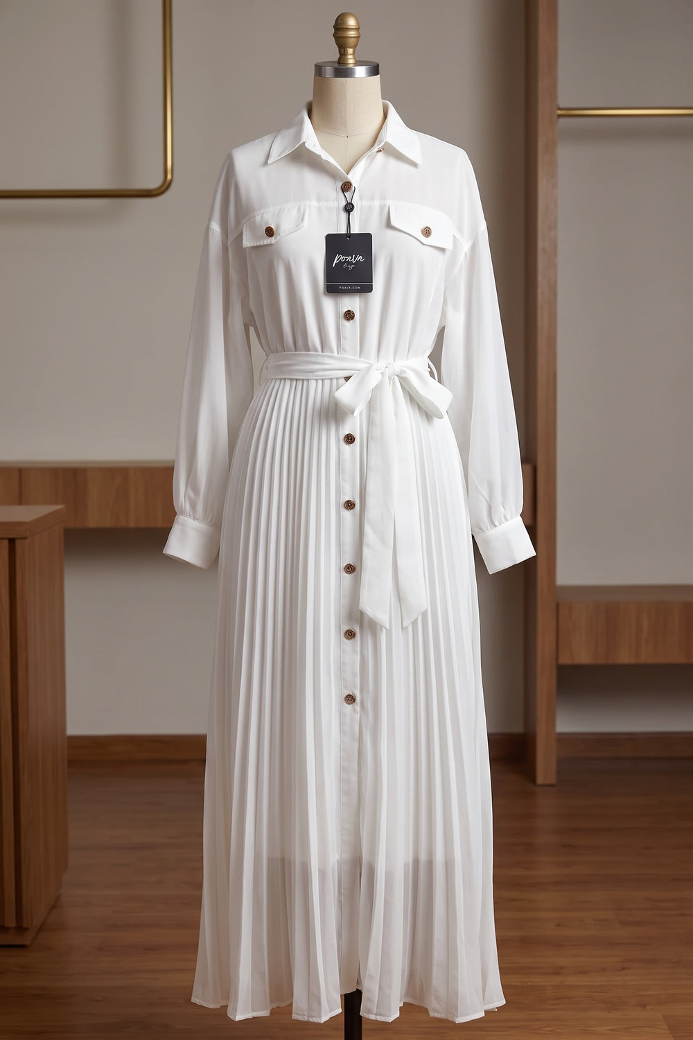 White Semi-Sheer Chiffon Pleated Shirt Dress white semi-sheer chiffon pleated shirt dress - product view 2