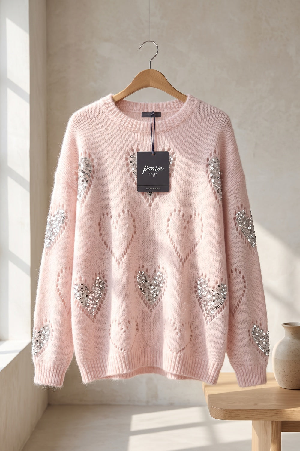 Pale Pink Fuzzy Mohair-Style Knit Oversized Sweater with Heart Motifs pale pink fuzzy mohair-style knit sweater - product view 2