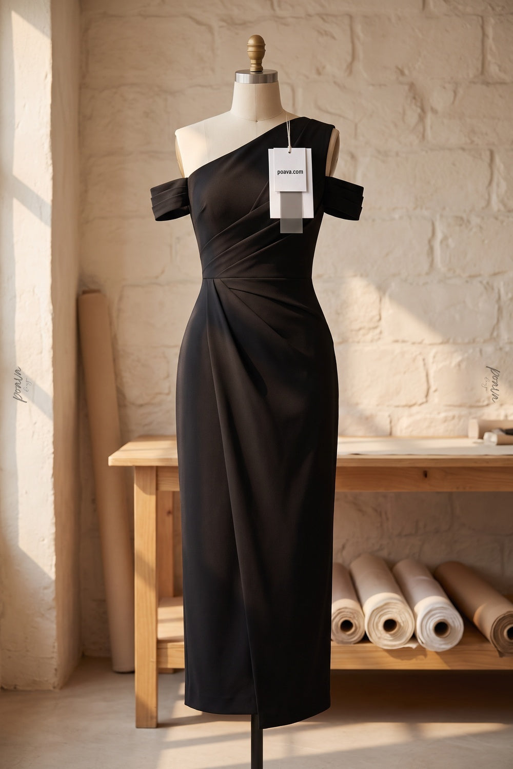 Asymmetrical One-Shoulder Black Crepe Sheath Dress black crepe dress - product view 2
