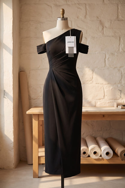 Asymmetrical One-Shoulder Black Crepe Sheath Dress black crepe dress - product view 2