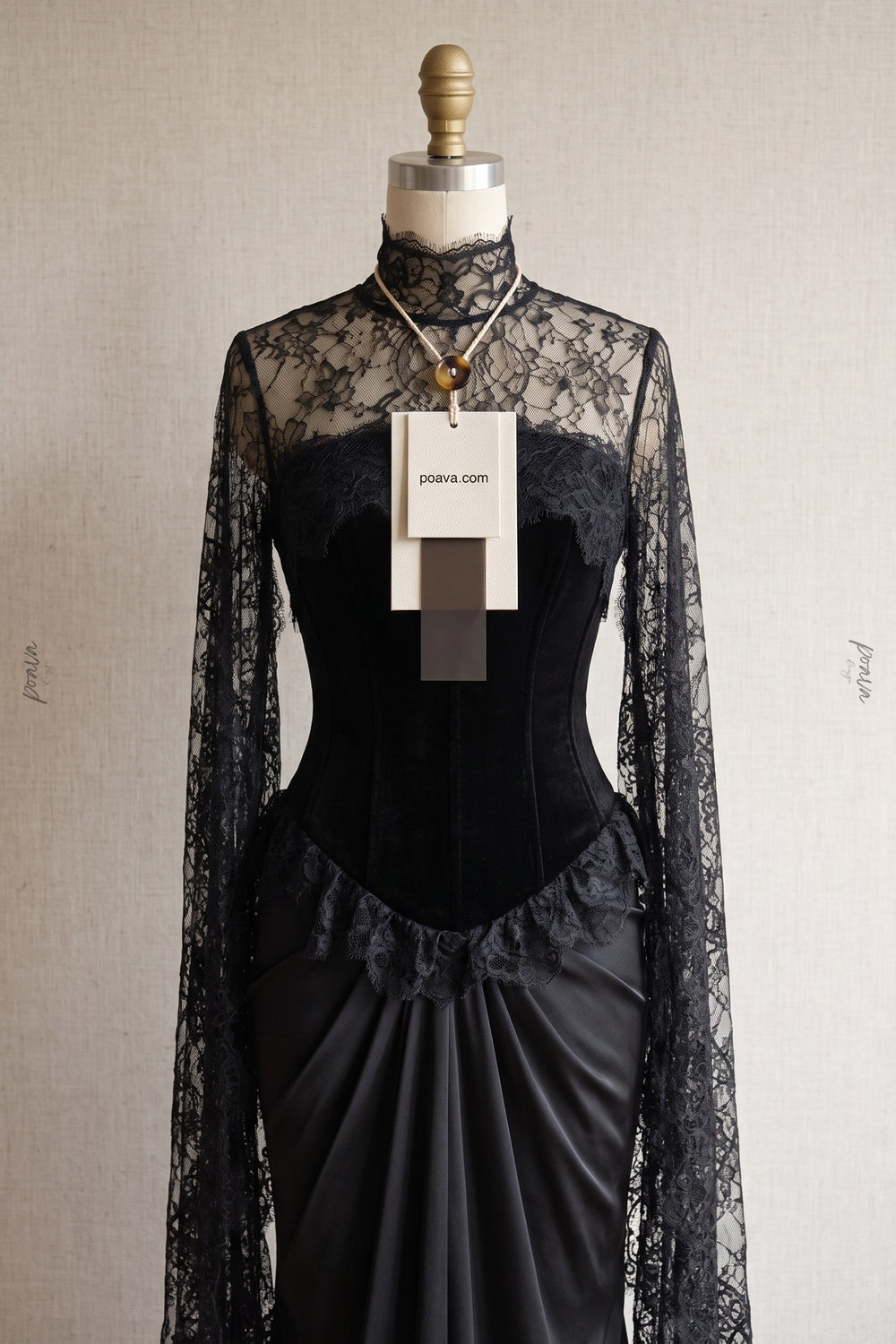 Black Velvet Corset Evening Gown with Lace Cape Sleeves and Satin Skirt black velvet bodice, satin skirt evening gown - product view 2