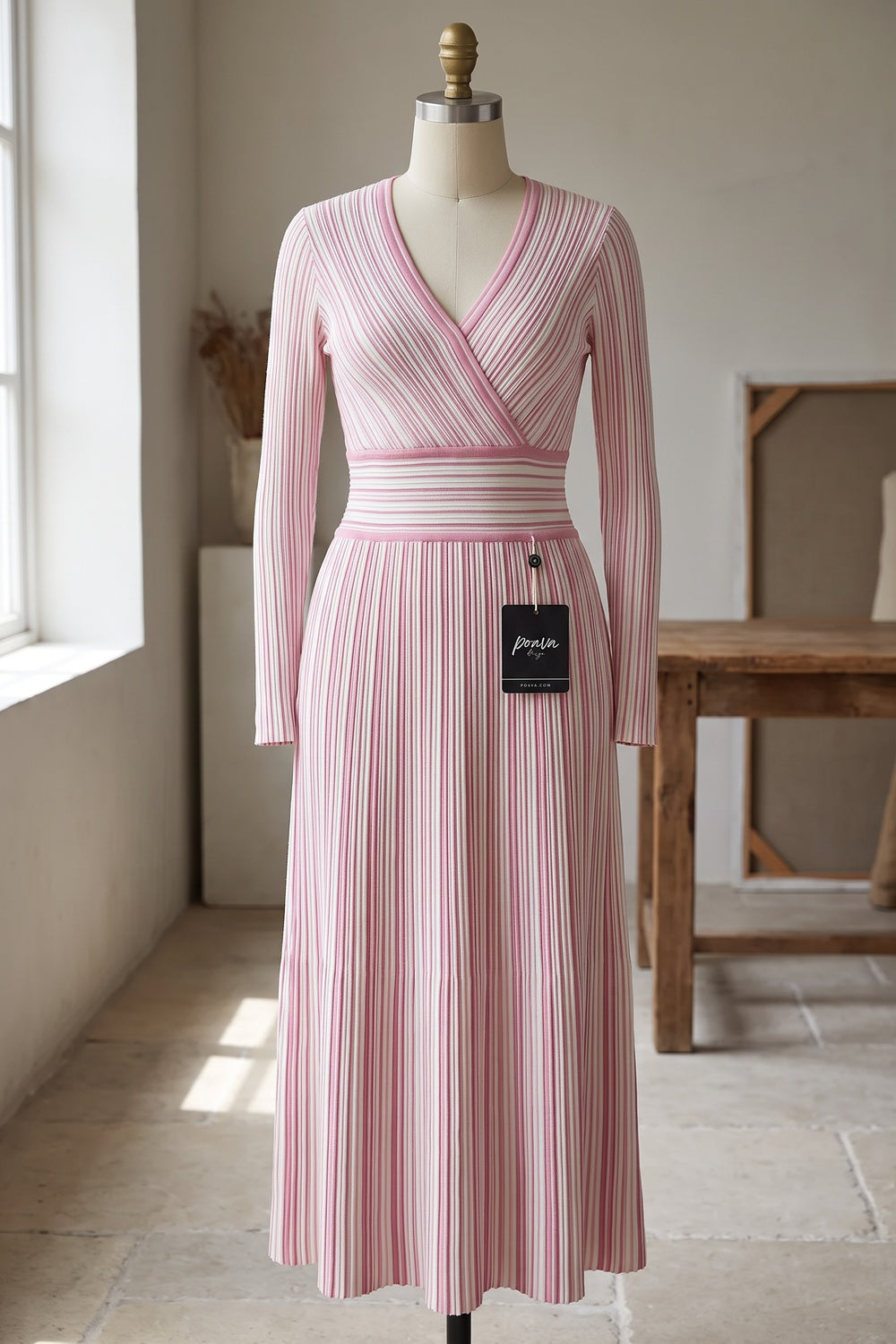 Light Pink Striped Ribbed Knit Fit-and-Flare Dress light pink, white ribbed knit dress - product view 2