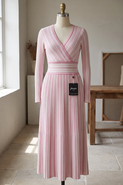 Light Pink Striped Ribbed Knit Fit-and-Flare Dress light pink, white ribbed knit dress - product view 2