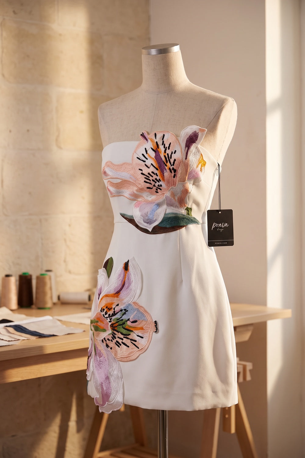 White Structured Crepe Mini Dress with Floral Embroidered Appliques white structured crepe dress - product view 2