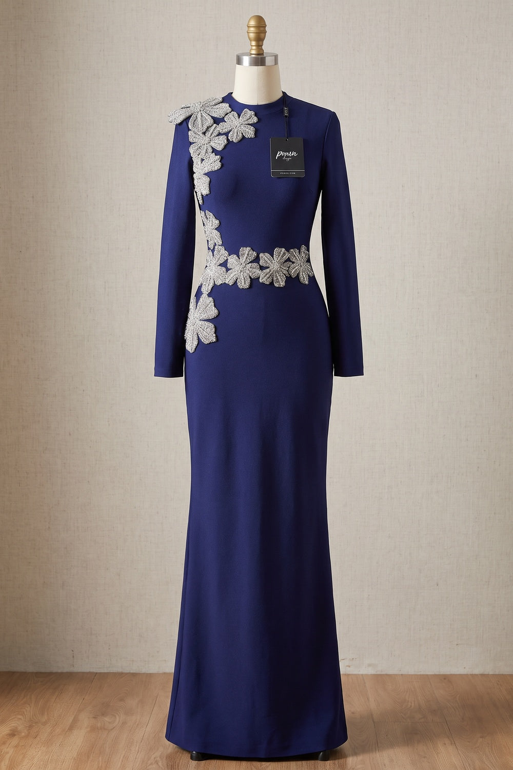 Navy Blue Heavy Crepe Column Evening Gown with Silver Floral Appliqué navy blue heavy crepe evening gown - product view 2