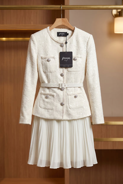 Off-White Tweed Skirt Suit Set with Peplum Jacket and Pleated Mini Skirt off-white, cream tweed skirt suit set - product view 2