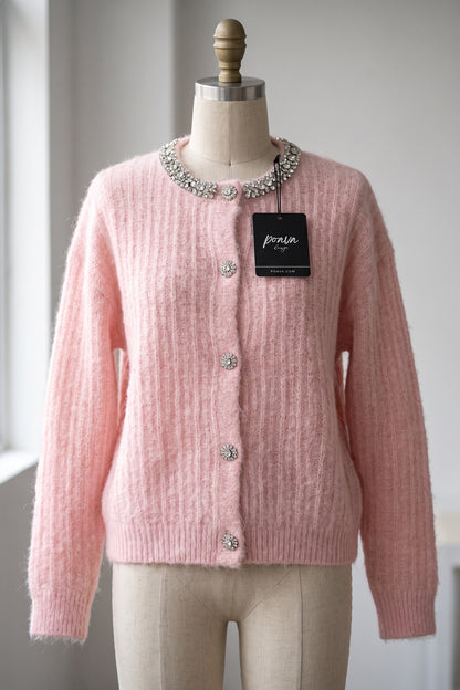 Pastel Pink Mohair-Blend Knit Cardigan with Rhinestone Embellishment pastel pink mohair-blend knit cardigan - product view 2