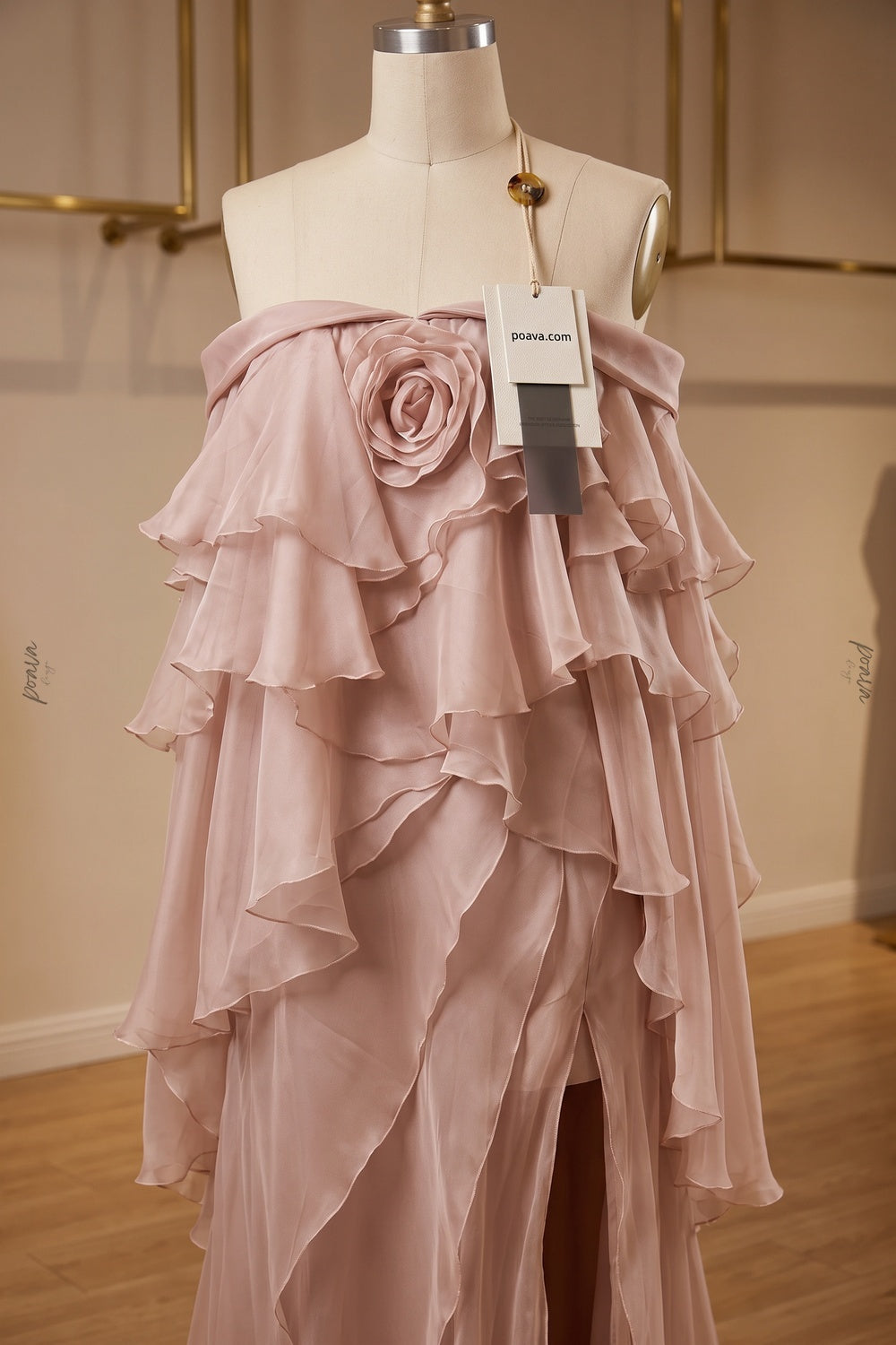 Dusty Pink Chiffon Flowing A-Line Gown with High Slit dusty pink chiffon gown - product view 2