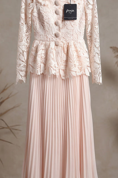 Pale Blush Pink Lace Fitted Peplum Top with A-Line Maxi Skirt Two-Piece Set pale blush pink lace two-piece set - product view 2