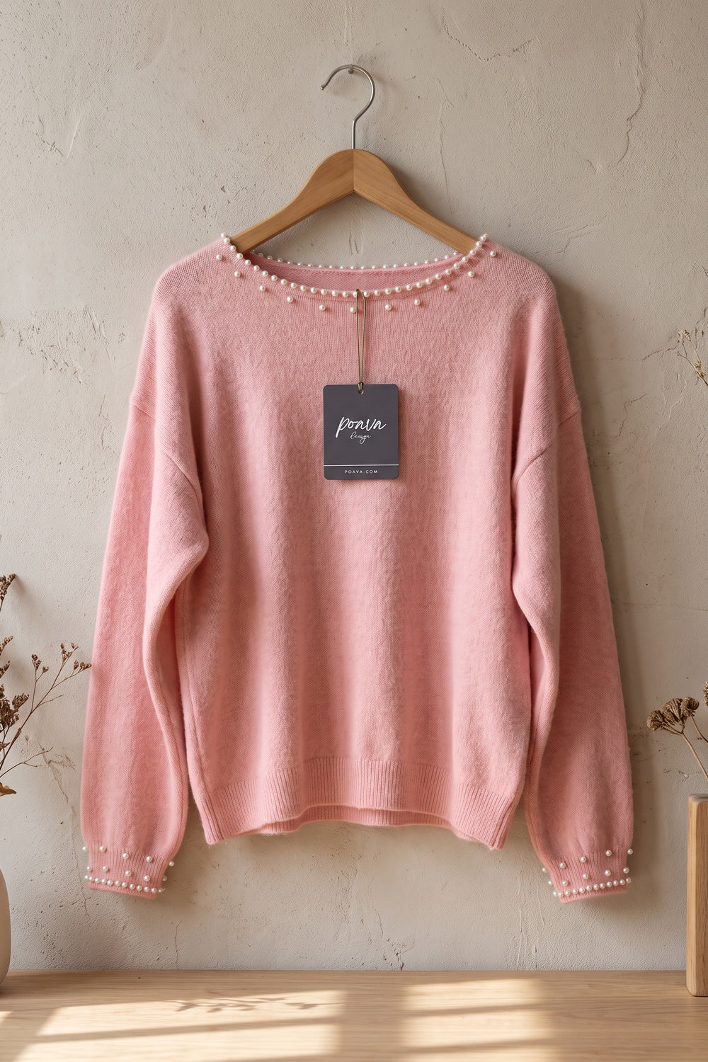 Pastel Pink Pearl Trim Drop Shoulder Sweater pastel pink soft fine knit sweater - product view 2