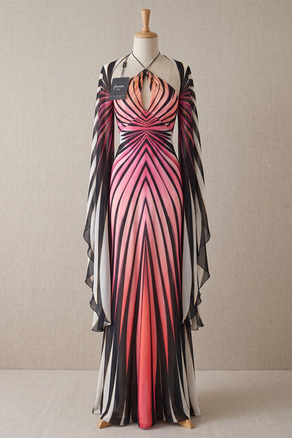 Engineered Radiating Stripe Chiffon Cape Column Gown pink, black, white chiffon gown - product view 2