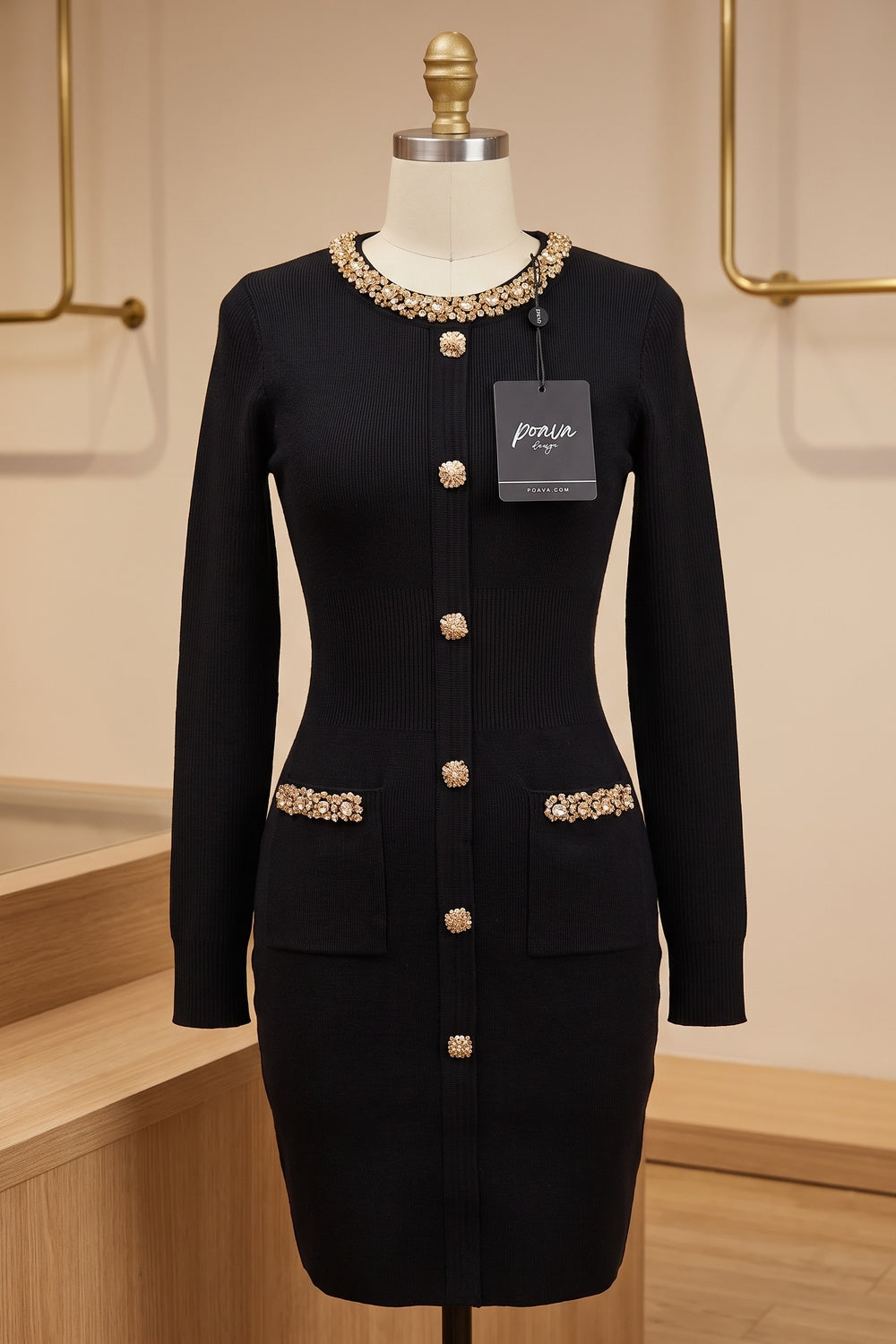 Black Ribbed Knit Bodycon Mini Dress with Gold Embellishment black ribbed knit dress - product view 2