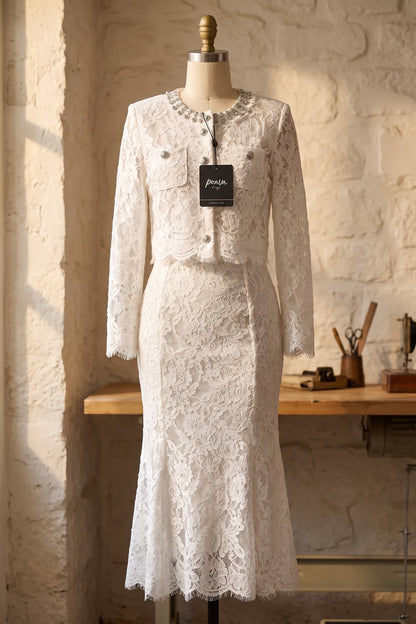 White Floral Corded Lace Two-Piece Skirt Suit White Floral corded lace Two-piece skirt suit - product view 2