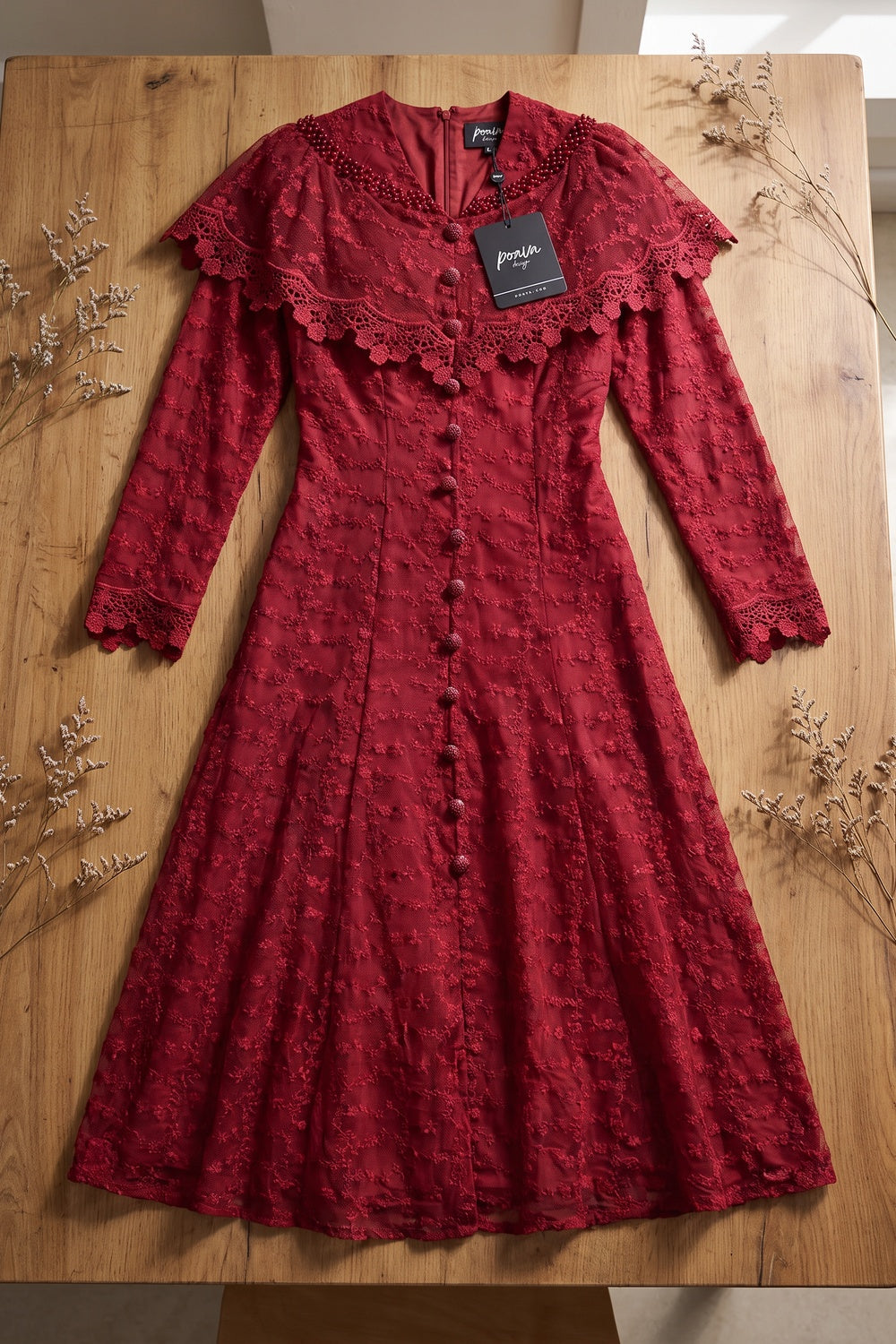 Deep Red Embroidered Floral Lace A-Line Midi Dress deep red embroidered floral lace overlay dress - product view 2