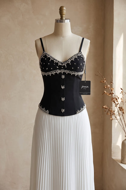 Black Embellished Corset Bodice and White Pleated Maxi Skirt Two-Piece Dress Set black, white structured crepe or satin blend for bodice; lightweight chiffon for skirt two-piece dress set - product view 2