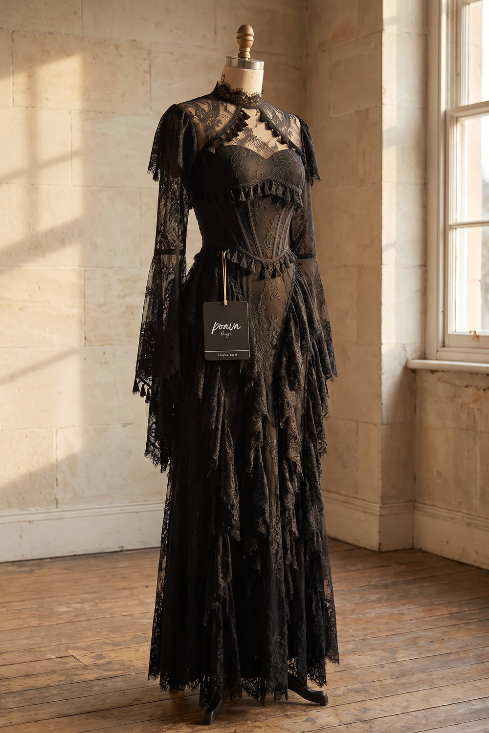 Black Floral Lace A-Line Gown with Structured Bodice and Tiered Skirt black floral lace gown - product view 2