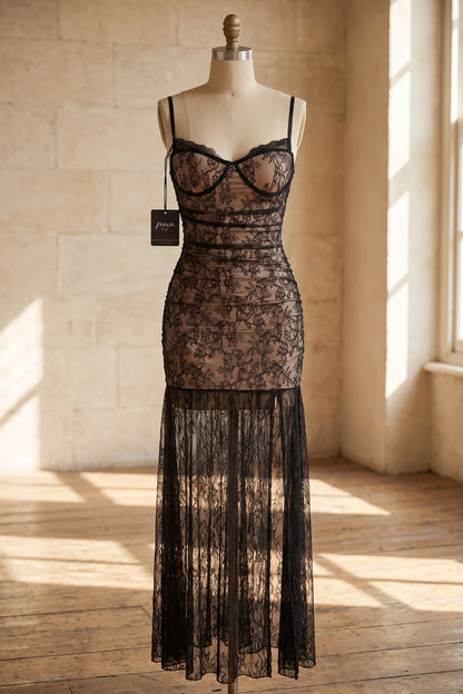 Black Floral Lace Fitted Bustier Maxi Dress with Sheer Skirt black, nude floral lace maxi dress - product view 2