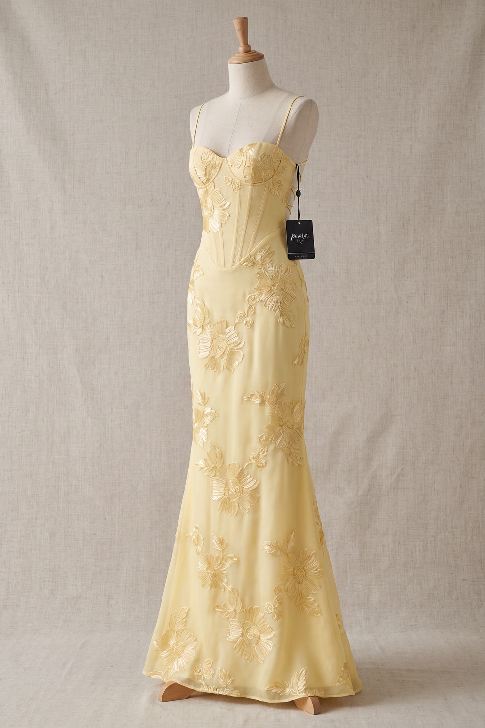Pale Yellow Embroidered Organza Overlay Mermaid Gown pale yellow embroidered organza overlay gown - product view 2