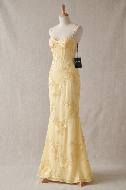Pale Yellow Embroidered Organza Overlay Mermaid Gown pale yellow embroidered organza overlay gown - product view 2