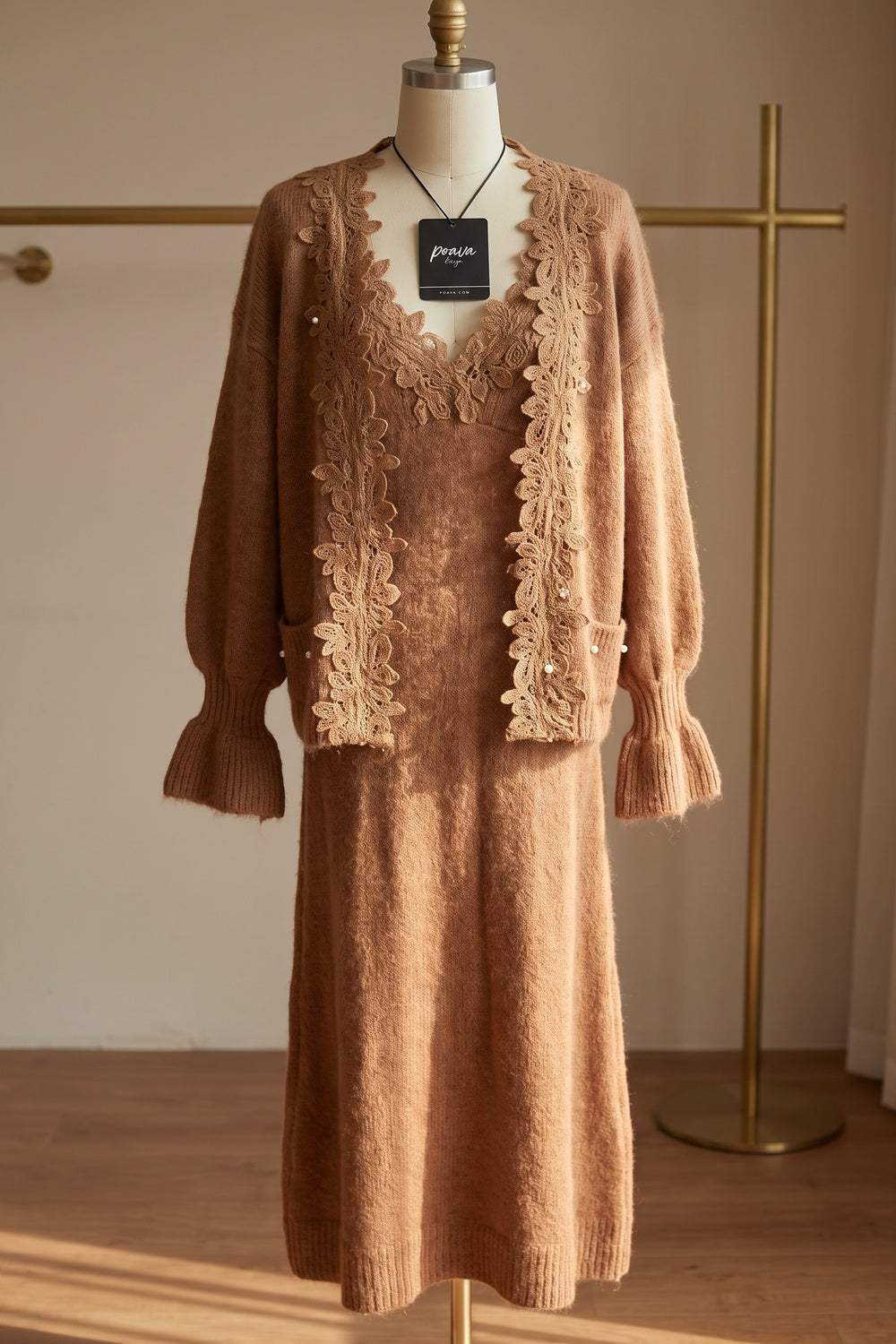Camel Brown Fuzzy Mohair-Blend Knit Relaxed A-Line Maxi Dress with Open-Front Cardigan Two-Piece Set camel brown fuzzy mohair-blend knit two-piece knit set - product view 2