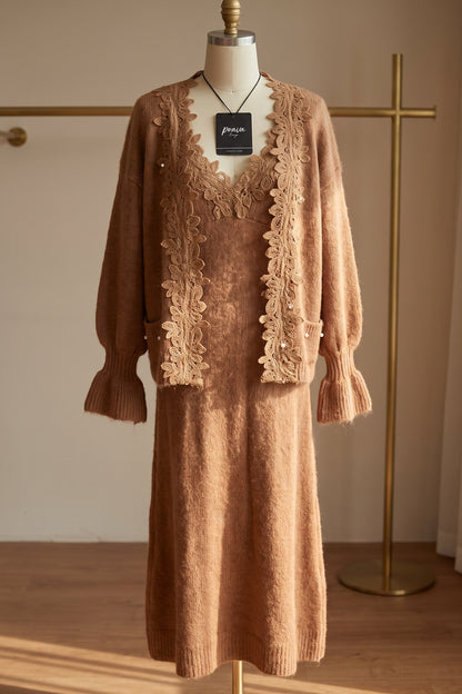 Camel Brown Fuzzy Mohair-Blend Knit Relaxed A-Line Maxi Dress with Open-Front Cardigan Two-Piece Set camel brown fuzzy mohair-blend knit two-piece knit set - product view 2