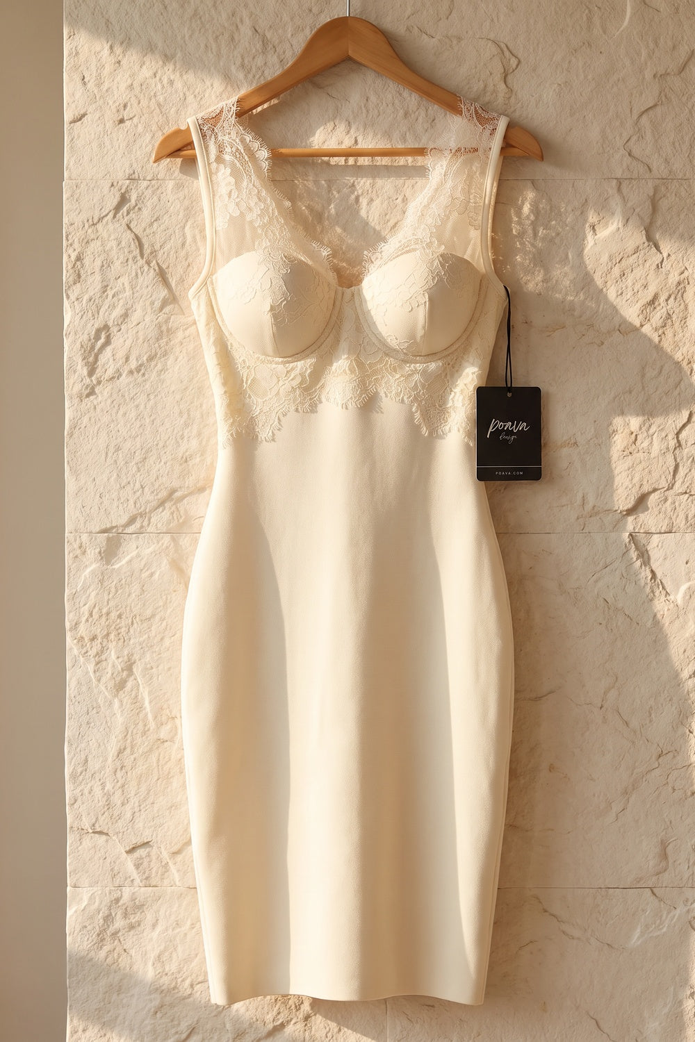 Cream Bodycon Sheath Dress with Lace Bodice cream heavy stretch knit dress - product view 2