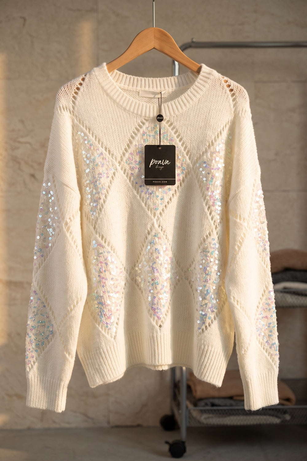 White Textured Knit Relaxed Sweater with Diamond Sequin Panels white textured knit sweater - product view 2