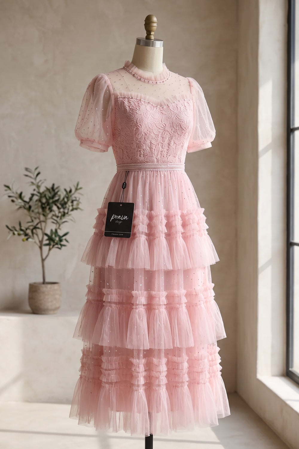 Light Pink Tulle A-Line Tiered Midi Dress light pink tulle midi dress - product view 2