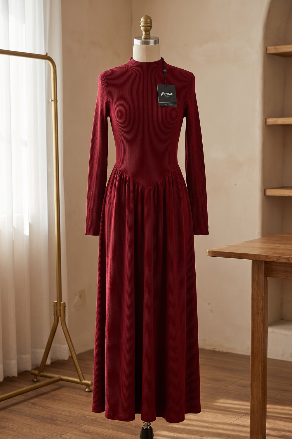 Dark Red Ribbed Knit A-Line Maxi Dress dark red ribbed knit maxi dress - product view 2