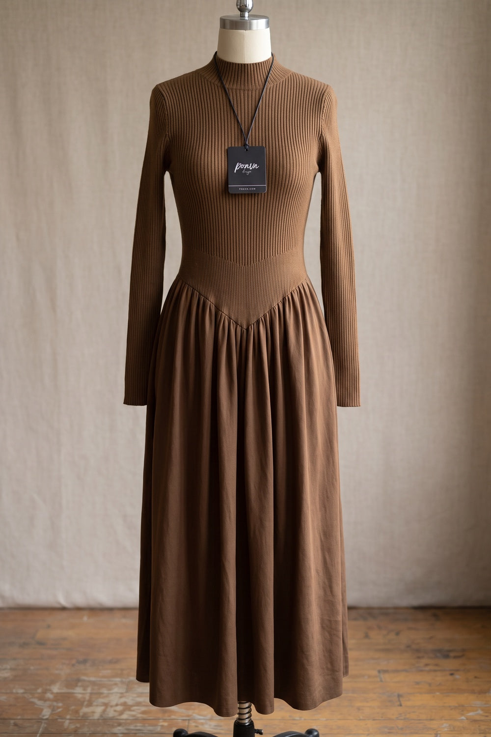Brown Ribbed Knit Fit-and-Flare Midi Dress brown ribbed knit dress - product view 2