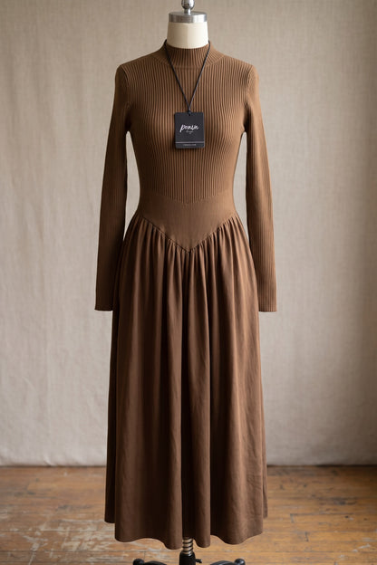 Brown Ribbed Knit Fit-and-Flare Midi Dress brown ribbed knit dress - product view 2