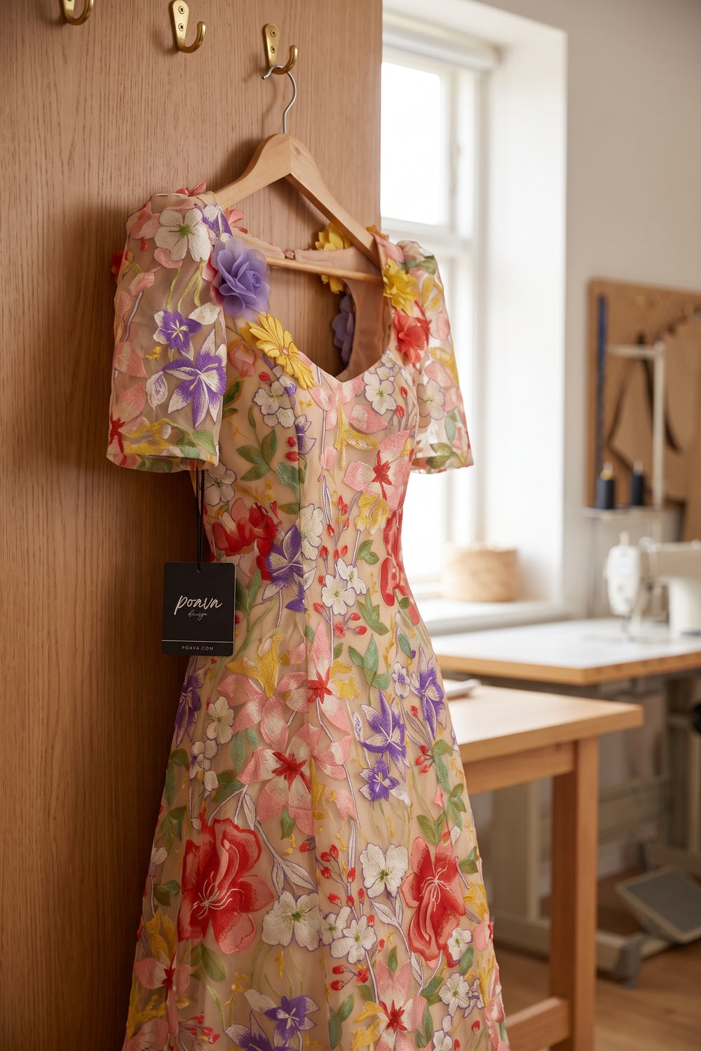 Nude Sheer Organza A-Line Midi Dress with Multicolor 3D Floral Embroidery nude, beige sheer organza overlay dress - product view 2