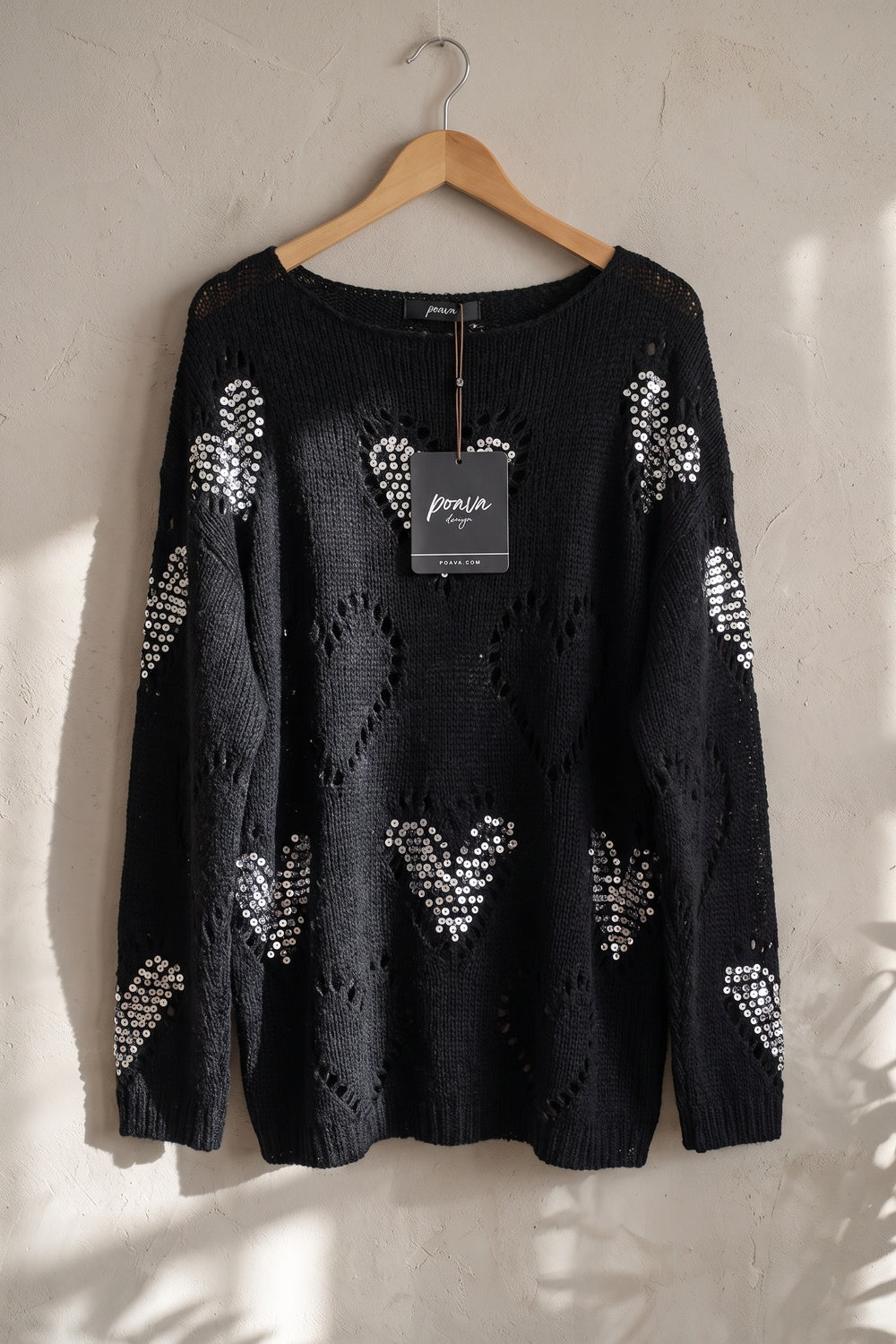 Black Open-Work Knit Oversized Sweater with Silver Sequin Hearts black open-work knit sweater - product view 2