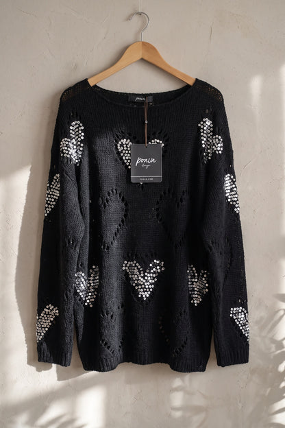 Black Open-Work Knit Oversized Sweater with Silver Sequin Hearts black open-work knit sweater - product view 2