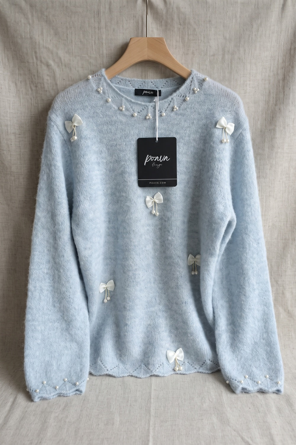 Light Ice Blue Fuzzy Mohair-Blend Knit Sweater light ice blue fuzzy mohair-blend knit sweater - product view 2