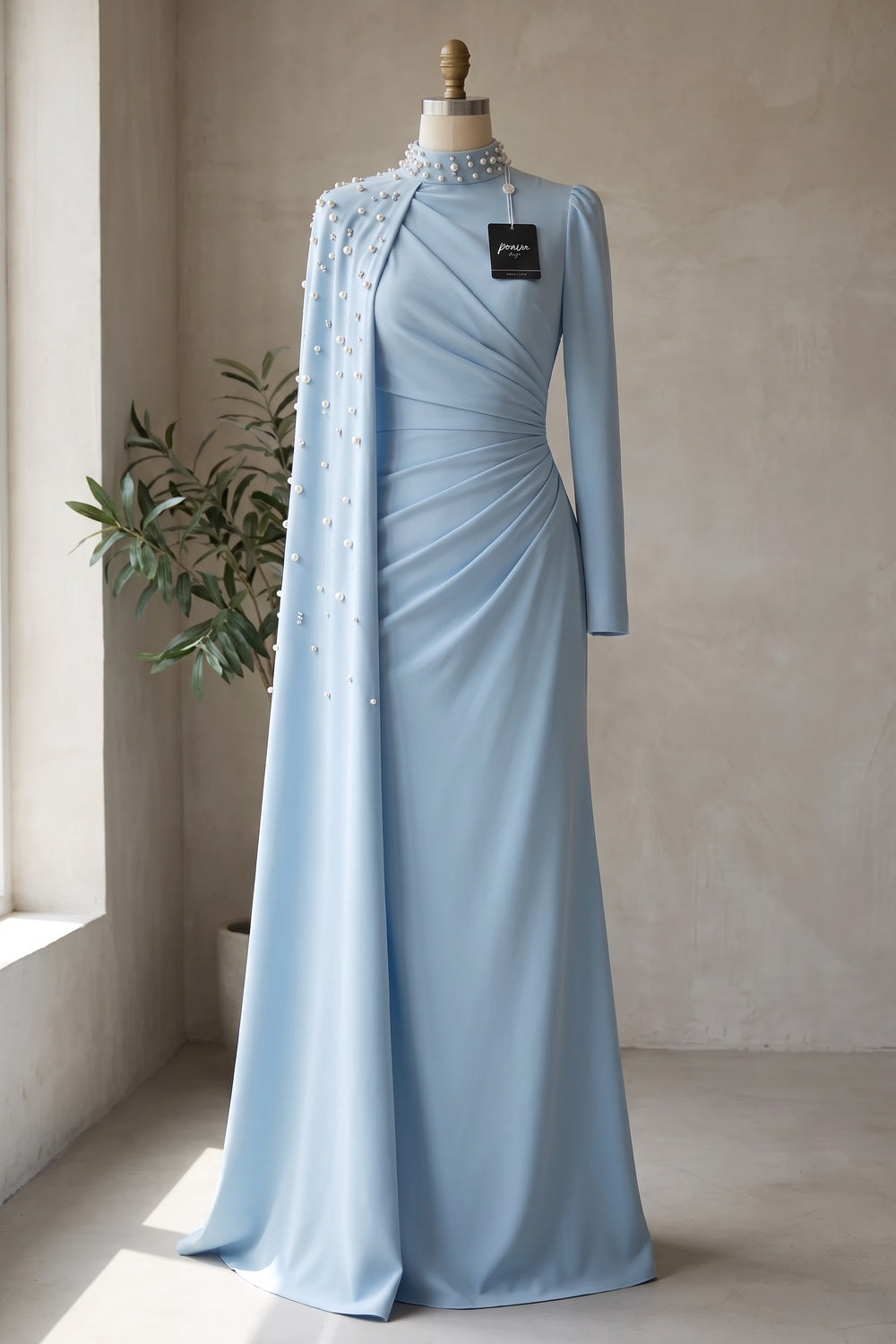 Light Blue Crepe Column with Asymmetrical Cape Evening Gown light blue crepe evening gown - product view 2