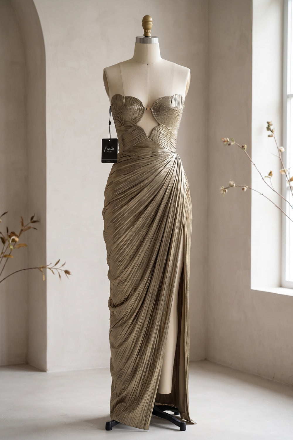 Antique Gold Metallic Plissé Lamé Column Gown antique gold, bronze metallic plissé lamé gown - product view 2