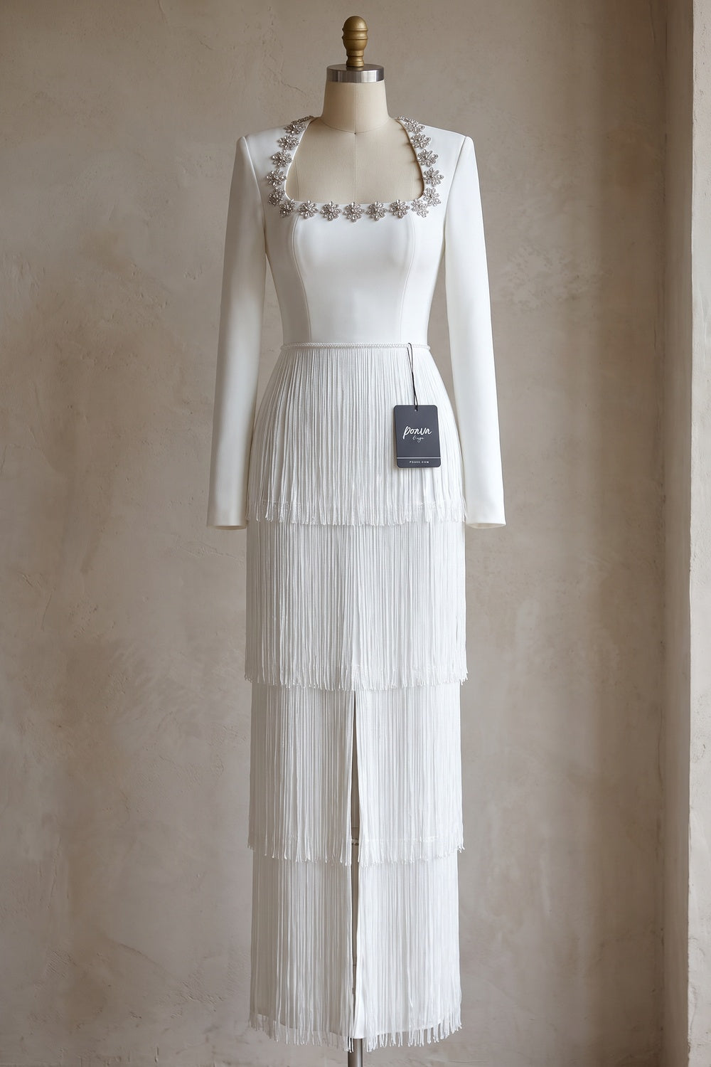 White Structured Crepe Column Gown with Tiered Fringe white structured crepe gown - product view 2